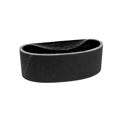 Pack of 12 Maverick abrasives 3x18 sanding belts in various grits for portable sanders, displayed neatly.