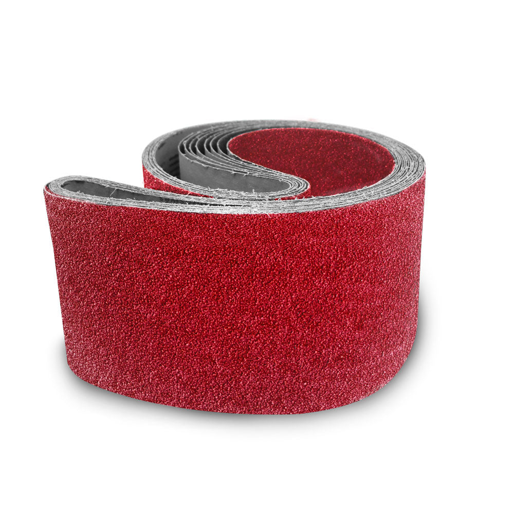 Alt text: Pack of 10 durable 7-7/8 x 29-1/2 floor sanding belts in various materials including Ceramic and Zirconia, suitable for multiple floor sanders.