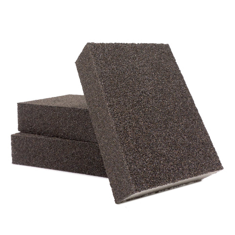 Three-pack Maverick Abrasives sanding sponges for wood and metal, dual-grit, durable and long-lasting.