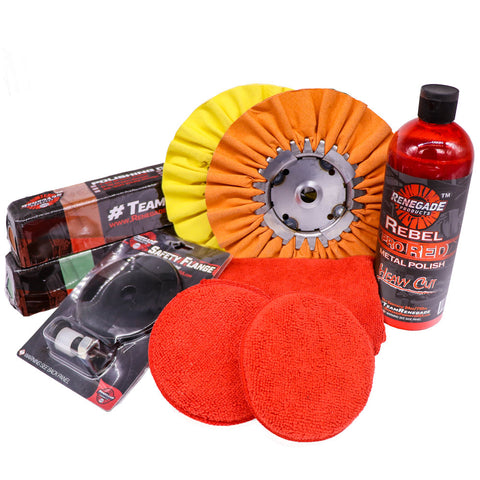 Comprehensive Aluminum Polishing Kit including tripoli and green rouge bars, airway wheels, and liquid polish.