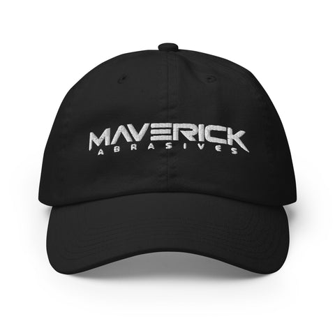 Maverick Abrasives Dad Cap with custom embroidery, Champion logo, made of 100% cotton twill, adjustable buckle closure.