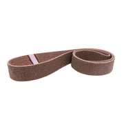 Pack of 12 non-woven 1 x 30 surface conditioning belts in brown, maroon, blue, and grey for various grit finishes.