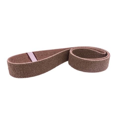 Pack of 12 non-woven 1 x 30 surface conditioning belts in brown, maroon, blue, and grey for various grit finishes.