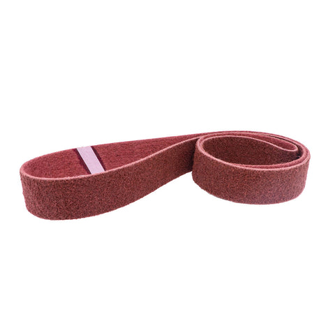 Alt text: Pack of 12 non-woven 1 x 30 surface conditioning belts in brown, maroon, blue, and grey for various grit finishes.