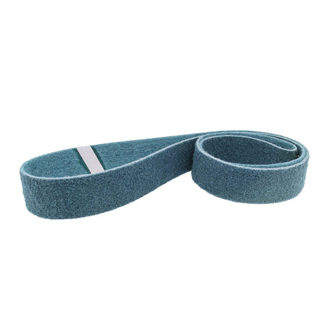 Pack of 12 non-woven 1 x 30 surface conditioning belts in brown, maroon, blue, and grey for various grit finishes.