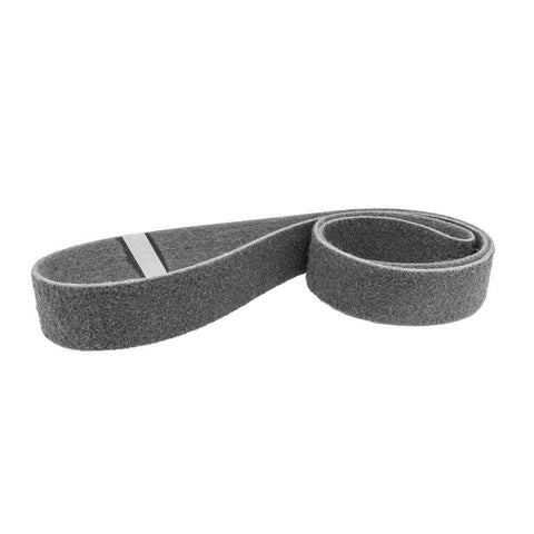 Pack of 12 non-woven 1 x 30 surface conditioning belts in brown, maroon, blue, and grey, for metal finishing.