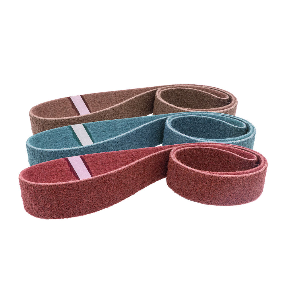 Pack of twelve 1 x 42 non-woven surface conditioning belts in assorted grits from coarse brown to ultra-fine grey.