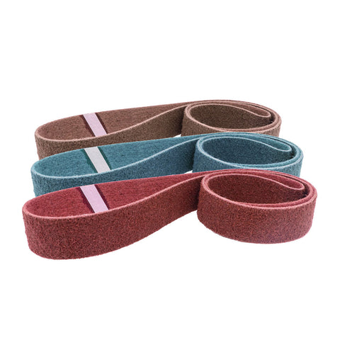 Pack of six 2x60-inch non-woven surface conditioning belts in brown, maroon, blue, and grey for various grit finishes.