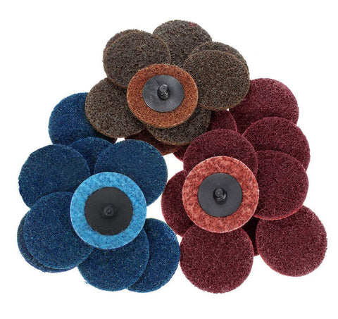 Pack of 50 Rolloc surface conditioning discs in coarse, medium, and very fine grits for efficient grinding and finishing.