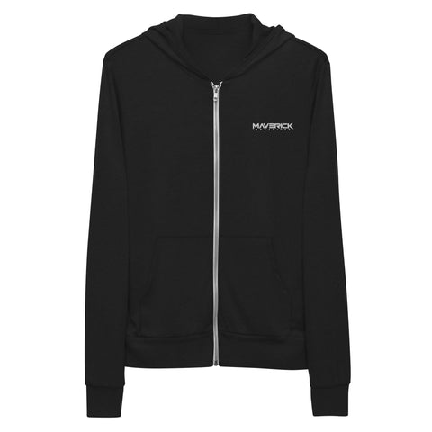 Maverick Abrasives lightweight unisex zip hoodie with hood and kangaroo pocket, made of polyester and cotton blend.